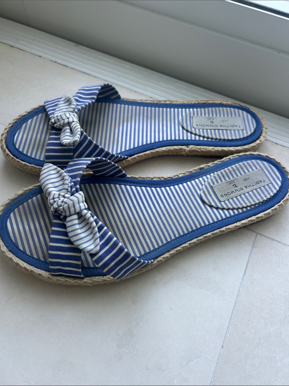 Tabitha Simmons for G Label Blue & White Striped Knot Slide Sandals